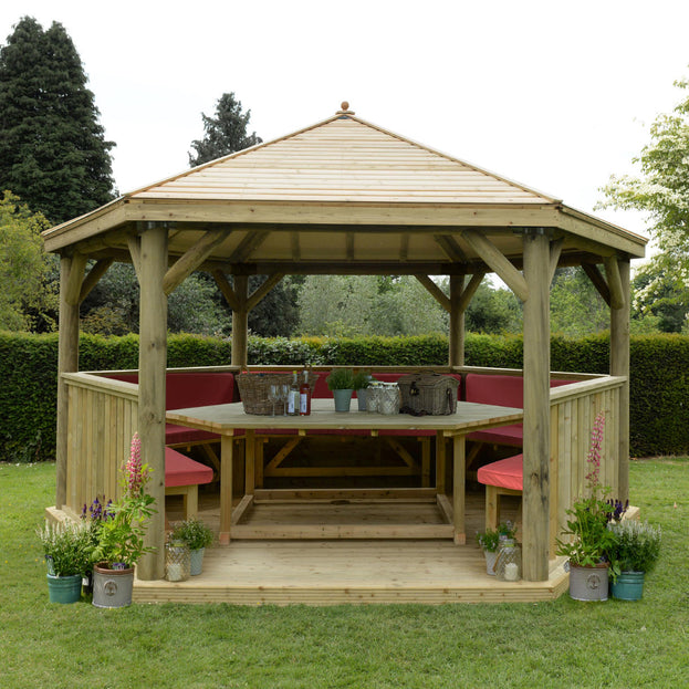 Furnished Timber Roofed Hexagonal 4.7m Gazebo