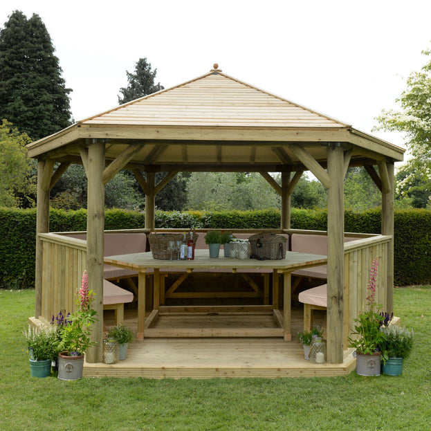 Furnished Timber Roofed Hexagonal 4.7m Gazebo