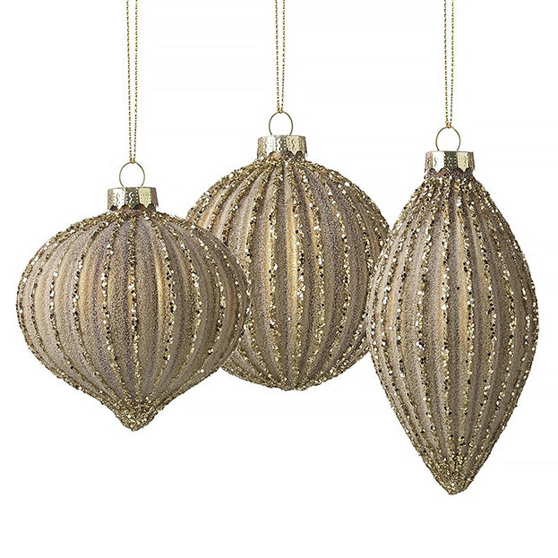 Matt Gold and Glitter Ribbed Bauble Trio Set