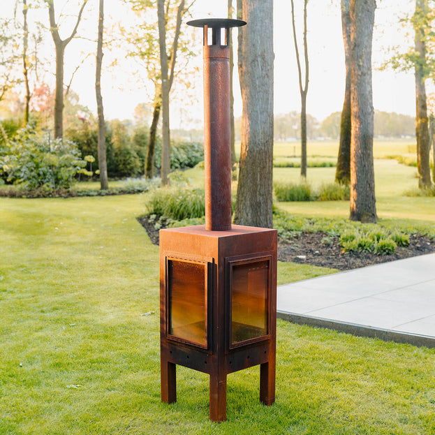 Glass and Corten Steel Wood Burning Stove