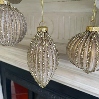 Matt Gold and Glitter Ribbed Bauble Trio Set