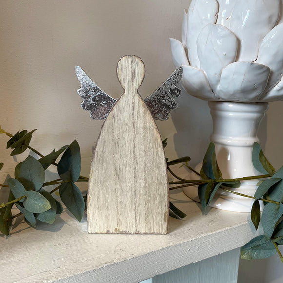 Wooden Angel with Silver Wings Decoration